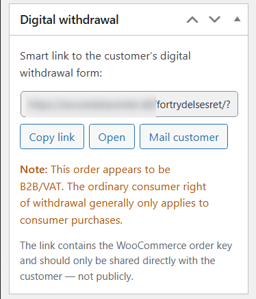 WooCommerce order box with smart withdrawal link