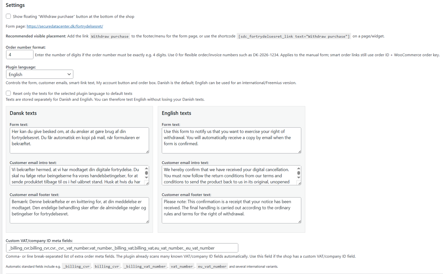 English settings page